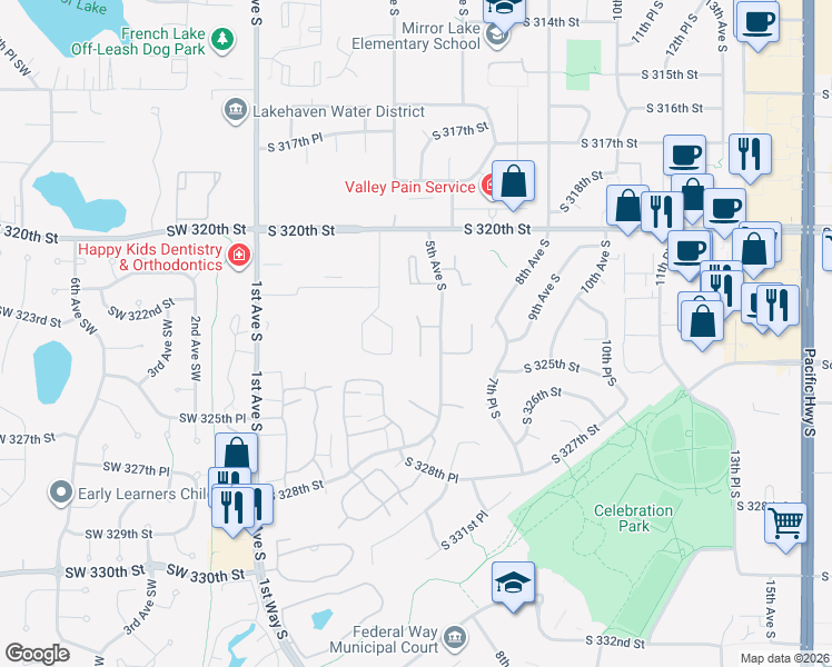 map of restaurants, bars, coffee shops, grocery stores, and more near 32304 4th Place South in Federal Way