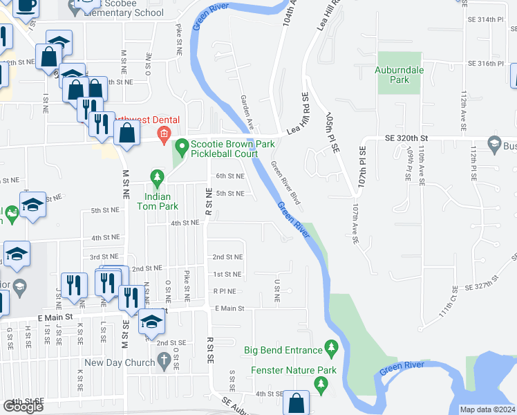 map of restaurants, bars, coffee shops, grocery stores, and more near 410 Riverview Drive Northeast in Auburn