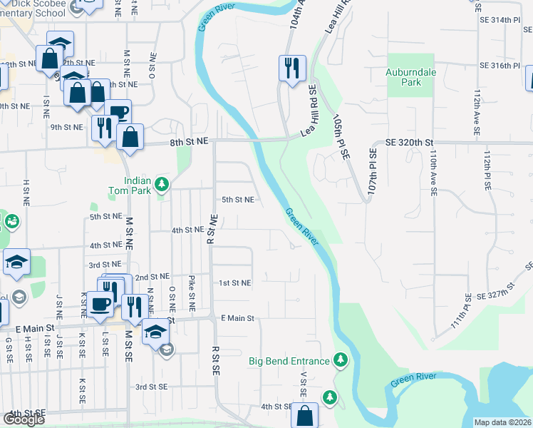 map of restaurants, bars, coffee shops, grocery stores, and more near 410 Riverview Drive Northeast in Auburn