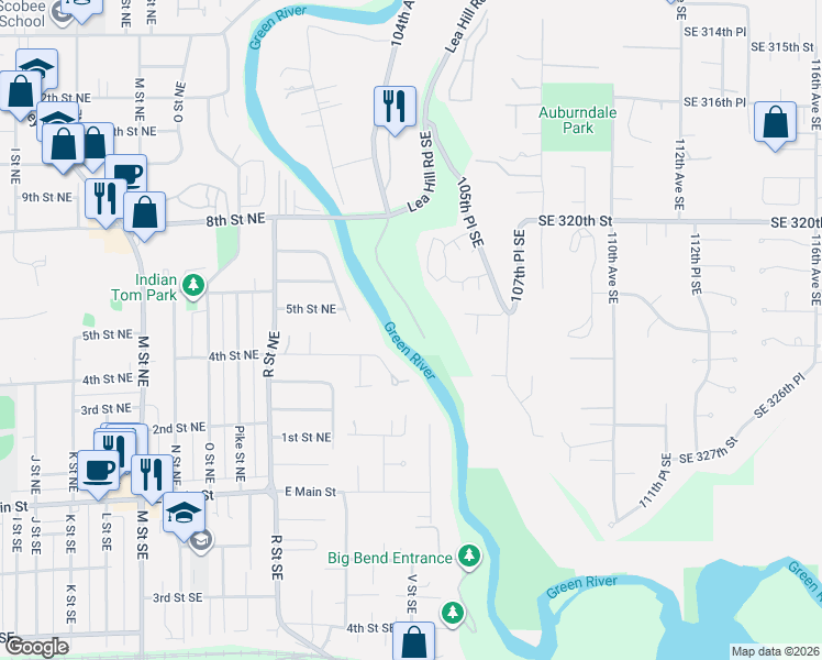 map of restaurants, bars, coffee shops, grocery stores, and more near 32267 104th Place Southeast in Auburn