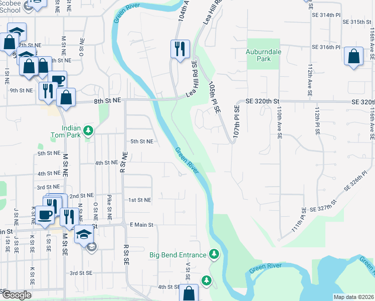 map of restaurants, bars, coffee shops, grocery stores, and more near 32267 104th Place Southeast in Auburn