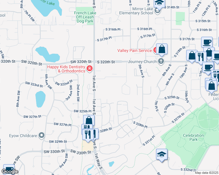 map of restaurants, bars, coffee shops, grocery stores, and more near 32290 1st Avenue South in Federal Way
