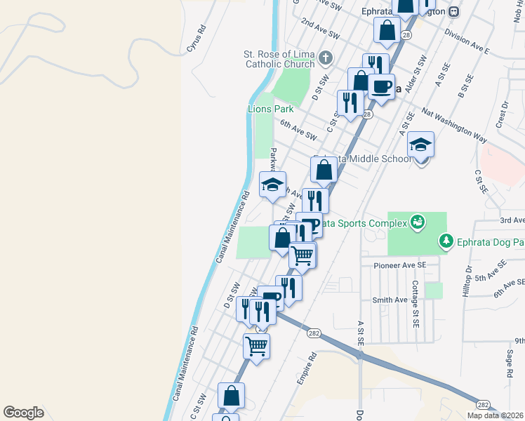 map of restaurants, bars, coffee shops, grocery stores, and more near 1011 Parkway Boulevard in Ephrata