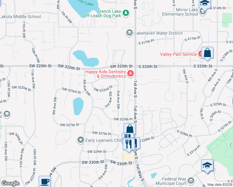 map of restaurants, bars, coffee shops, grocery stores, and more near 32223 2nd Avenue Southwest in Federal Way