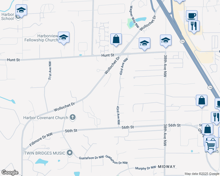 map of restaurants, bars, coffee shops, grocery stores, and more near 6101 44th Avenue Northwest in Gig Harbor