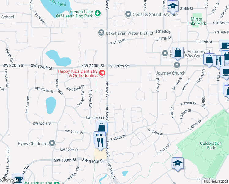map of restaurants, bars, coffee shops, grocery stores, and more near 32300 1st Avenue South in Federal Way