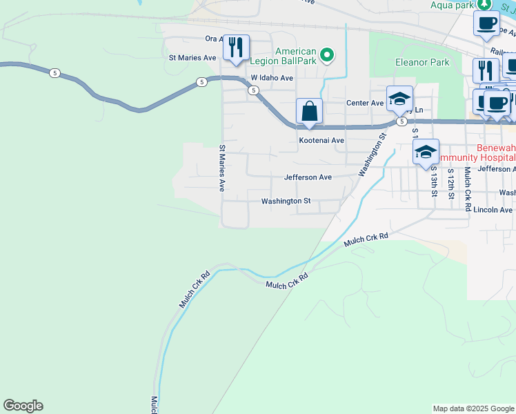 map of restaurants, bars, coffee shops, grocery stores, and more near 12 22nd Street in Saint Maries