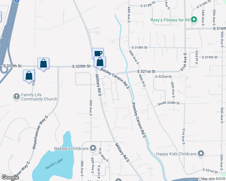map of restaurants, bars, coffee shops, grocery stores, and more near 32200 Military Road South in Federal Way