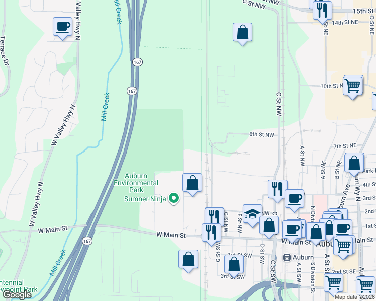 map of restaurants, bars, coffee shops, grocery stores, and more near 516 Clay Street Northwest in Auburn