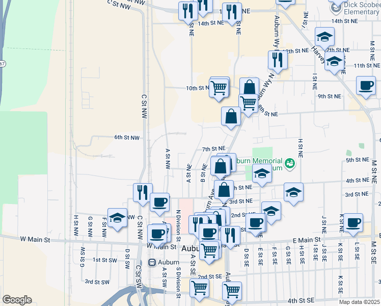 map of restaurants, bars, coffee shops, grocery stores, and more near 517 A Street Northwest in Auburn