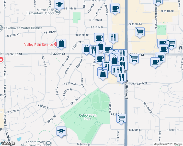 map of restaurants, bars, coffee shops, grocery stores, and more near 32205 11th Place South in Federal Way
