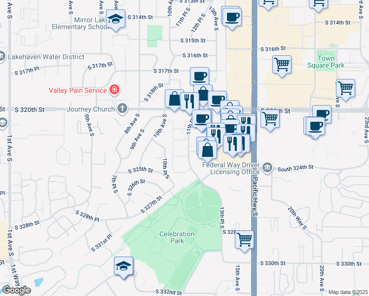 map of restaurants, bars, coffee shops, grocery stores, and more near 32205 11th Place South in Federal Way