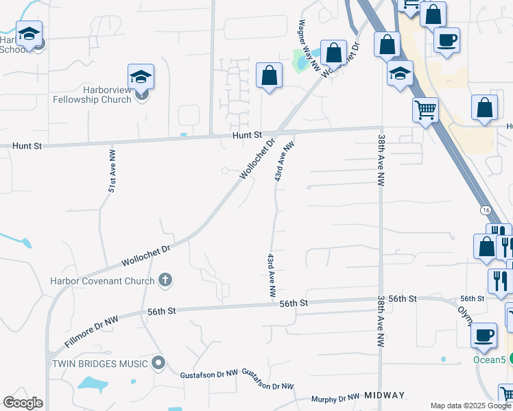 map of restaurants, bars, coffee shops, grocery stores, and more near 6101 44th Ave NW in Gig Harbor