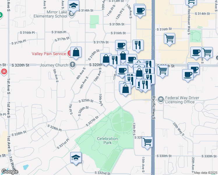map of restaurants, bars, coffee shops, grocery stores, and more near 32025 11th Place South in Federal Way