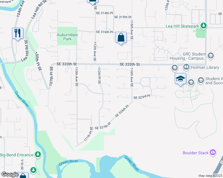 map of restaurants, bars, coffee shops, grocery stores, and more near 11253 Southeast 322nd Street in Auburn