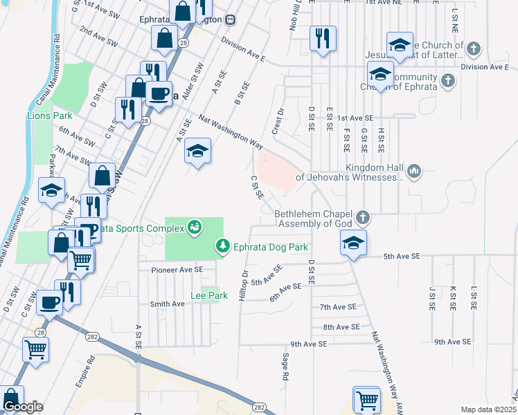 map of restaurants, bars, coffee shops, grocery stores, and more near 275 C Street Southeast in Ephrata