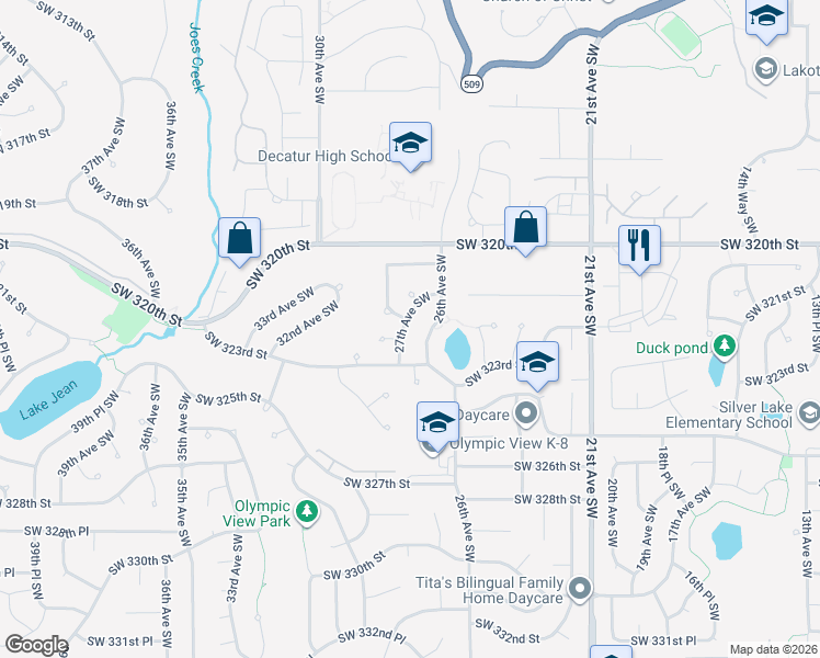 map of restaurants, bars, coffee shops, grocery stores, and more near 32206 27th Avenue Southwest in Federal Way