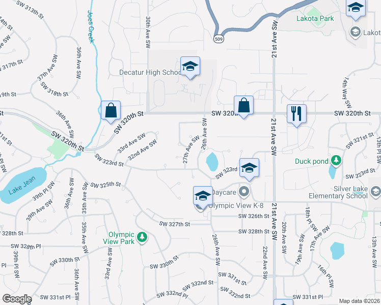 map of restaurants, bars, coffee shops, grocery stores, and more near 32206 27th Avenue Southwest in Federal Way