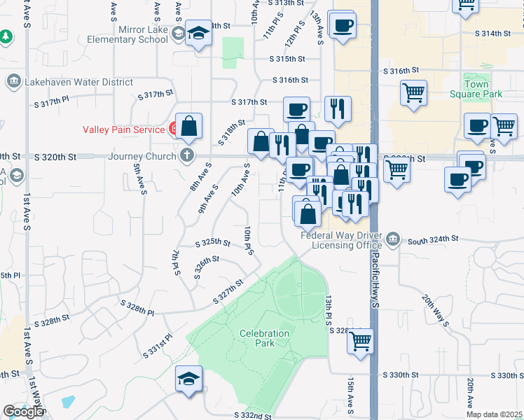map of restaurants, bars, coffee shops, grocery stores, and more near 32025 11th Place South in Federal Way