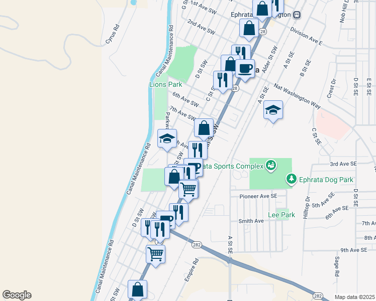 map of restaurants, bars, coffee shops, grocery stores, and more near in Ephrata
