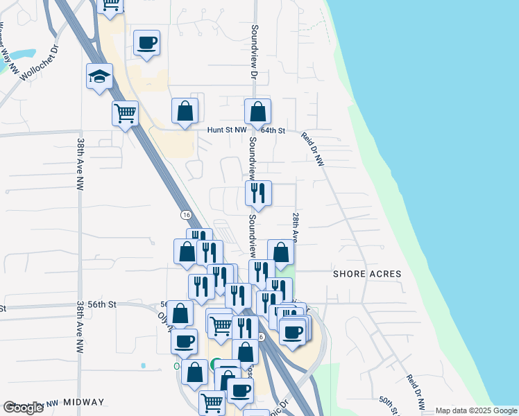 map of restaurants, bars, coffee shops, grocery stores, and more near 6013 Soundview Drive in Gig Harbor