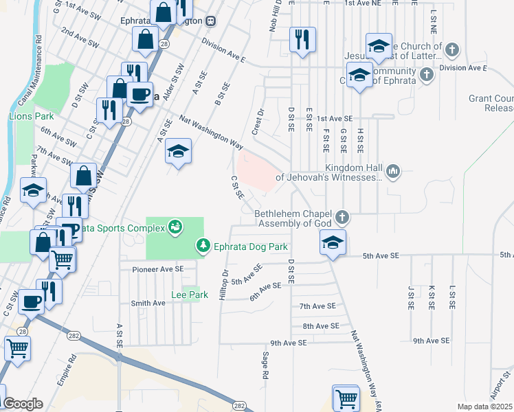 map of restaurants, bars, coffee shops, grocery stores, and more near 275 C Street Southeast in Ephrata