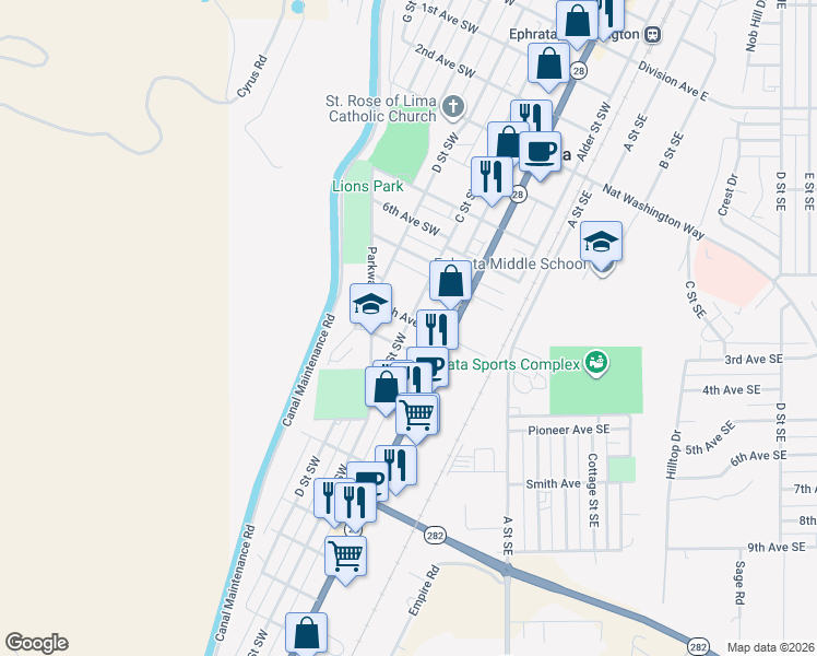 map of restaurants, bars, coffee shops, grocery stores, and more near in Ephrata