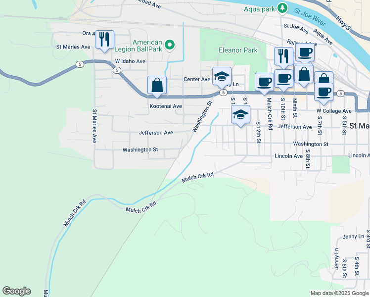 map of restaurants, bars, coffee shops, grocery stores, and more near 1640 Washington Avenue in Saint Maries