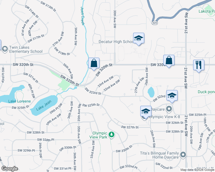 map of restaurants, bars, coffee shops, grocery stores, and more near 32153 32nd Avenue Southwest in Federal Way