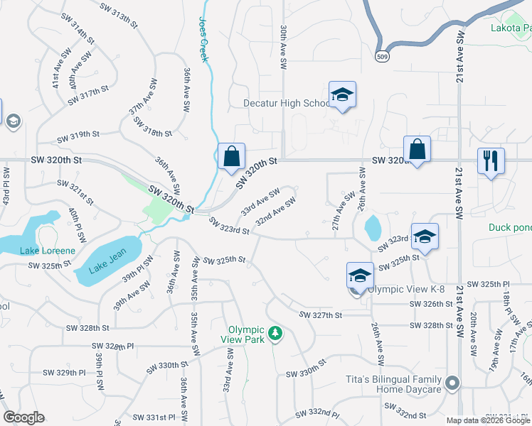 map of restaurants, bars, coffee shops, grocery stores, and more near 32153 32nd Avenue Southwest in Federal Way