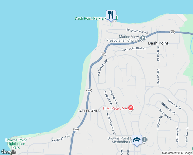 map of restaurants, bars, coffee shops, grocery stores, and more near 6120 Madrona Drive Northeast in Tacoma