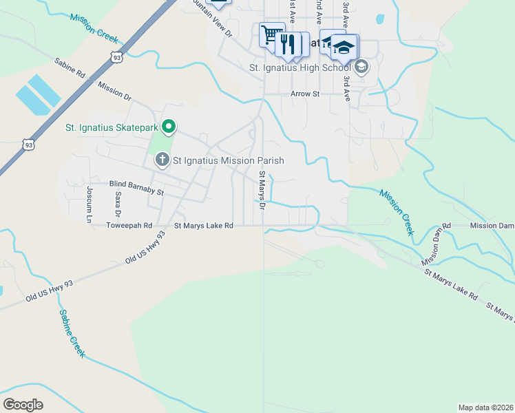 map of restaurants, bars, coffee shops, grocery stores, and more near 419 Saint Marys Lake Road in Saint Ignatius