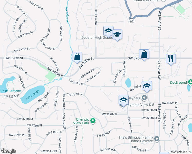 map of restaurants, bars, coffee shops, grocery stores, and more near 32136 32nd Avenue Southwest in Federal Way