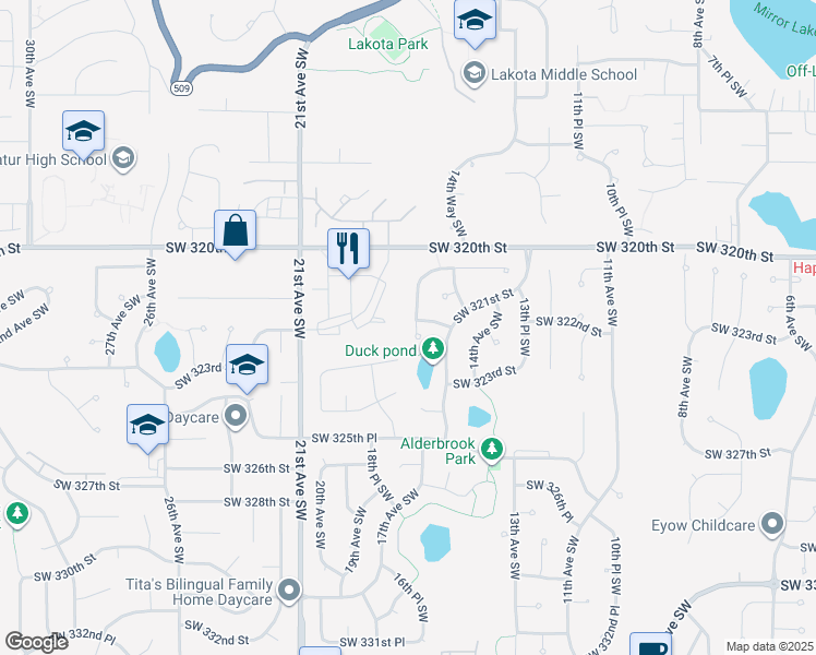 map of restaurants, bars, coffee shops, grocery stores, and more near 32205 16th Place Southwest in Federal Way