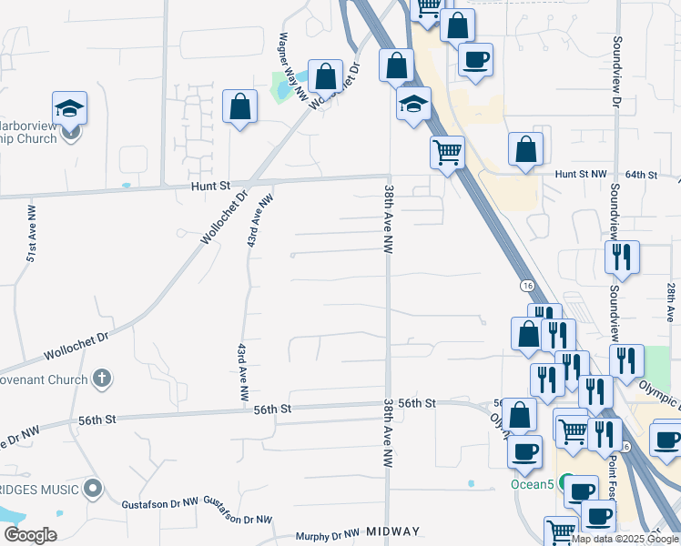 map of restaurants, bars, coffee shops, grocery stores, and more near 3907 60th Street Court in Gig Harbor