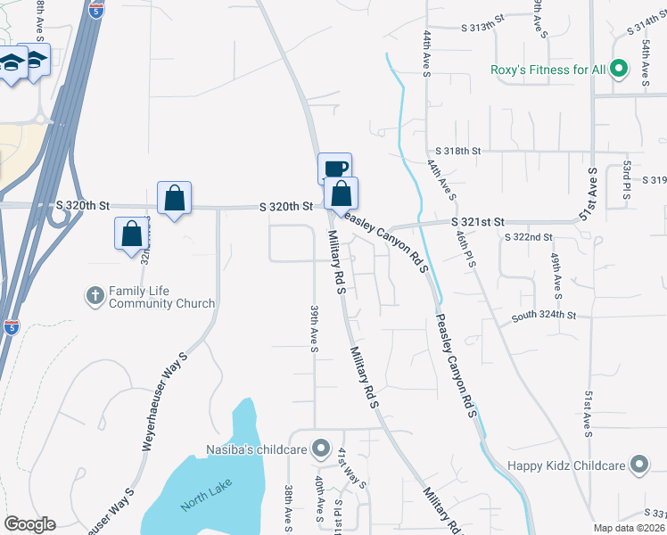 map of restaurants, bars, coffee shops, grocery stores, and more near 3921 South 322nd Street in Federal Way