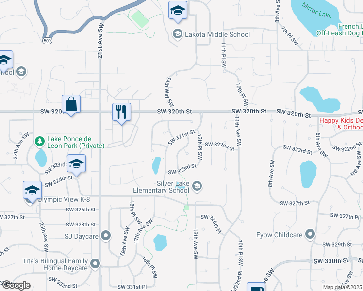 map of restaurants, bars, coffee shops, grocery stores, and more near 32203 14th Avenue Southwest in Federal Way