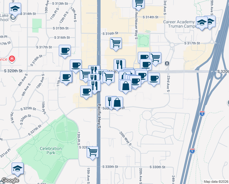 map of restaurants, bars, coffee shops, grocery stores, and more near 1825 South 320th Street in Federal Way