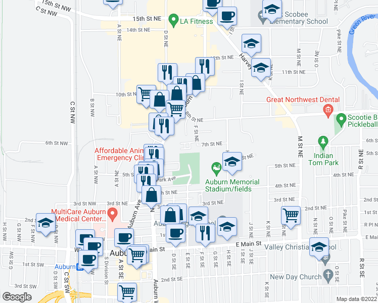 map of restaurants, bars, coffee shops, grocery stores, and more near 709 F Place Northeast in Auburn