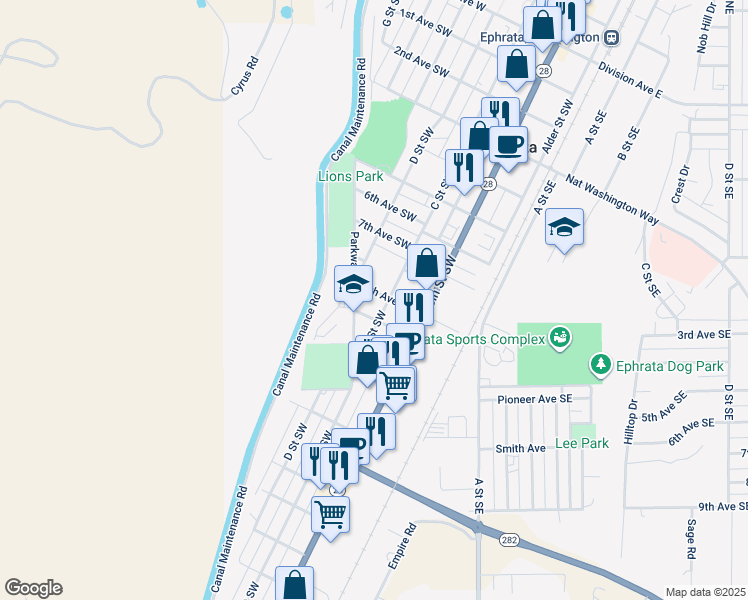 map of restaurants, bars, coffee shops, grocery stores, and more near in Ephrata