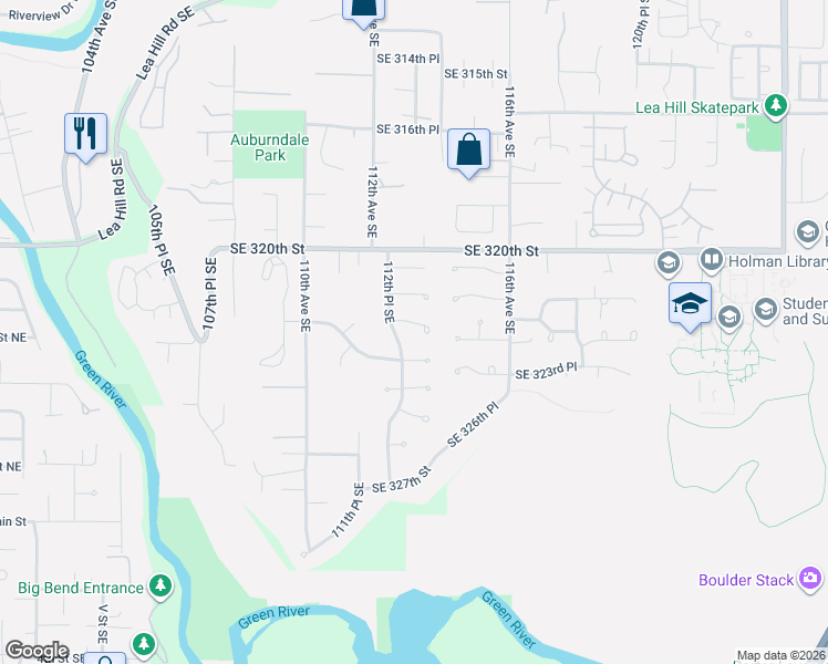 map of restaurants, bars, coffee shops, grocery stores, and more near 32215 112th Place Southeast in Auburn
