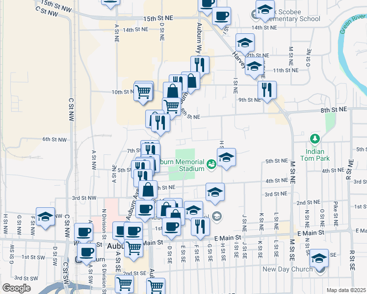 map of restaurants, bars, coffee shops, grocery stores, and more near 709 F Place Northeast in Auburn