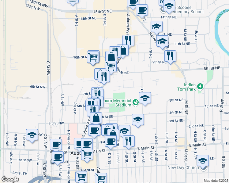 map of restaurants, bars, coffee shops, grocery stores, and more near 709 F Place Northeast in Auburn