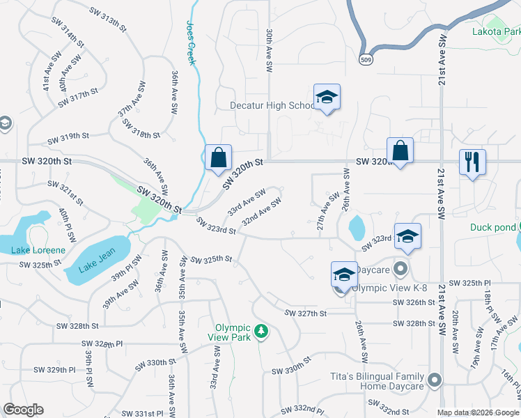 map of restaurants, bars, coffee shops, grocery stores, and more near 32136 32nd Avenue Southwest in Federal Way