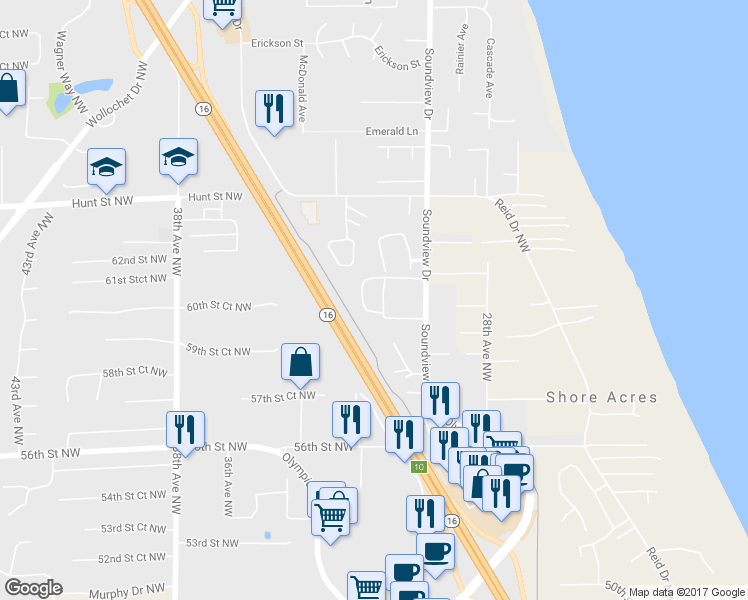 map of restaurants, bars, coffee shops, grocery stores, and more near 6100 Soundview Drive in Gig Harbor