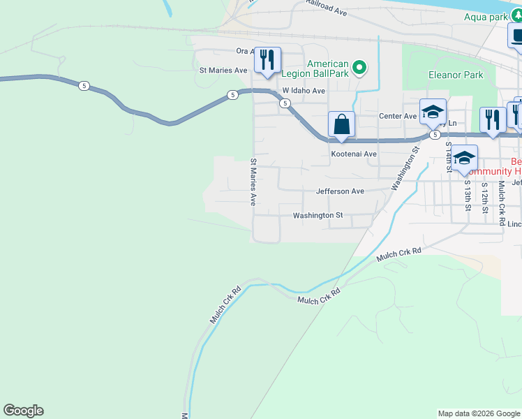 map of restaurants, bars, coffee shops, grocery stores, and more near 2226 Washington Avenue in Saint Maries