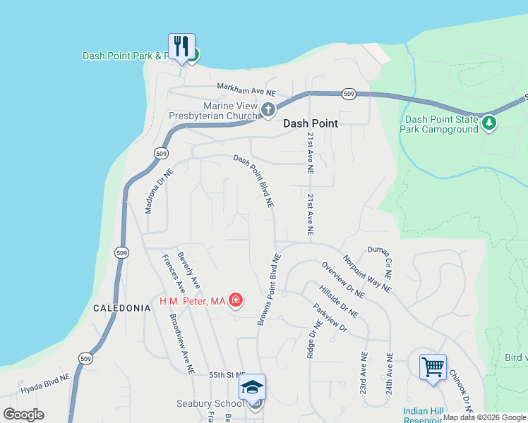 map of restaurants, bars, coffee shops, grocery stores, and more near 6208 Browns Point Boulevard Northeast in Tacoma