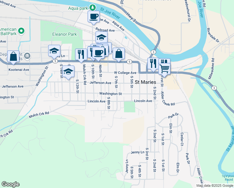 map of restaurants, bars, coffee shops, grocery stores, and more near South 7th Street in Saint Maries