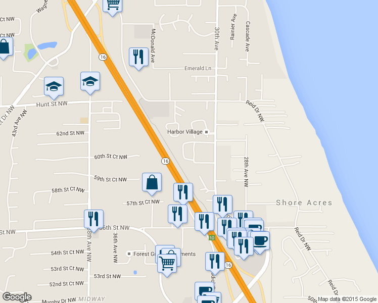 map of restaurants, bars, coffee shops, grocery stores, and more near 6100 Soundview Drive in Gig Harbor