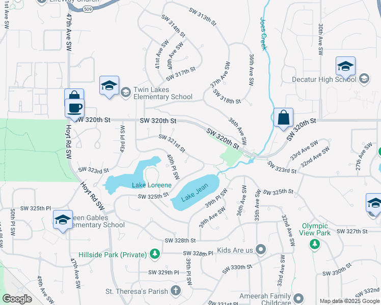map of restaurants, bars, coffee shops, grocery stores, and more near 4002 Southwest 321st Street in Federal Way